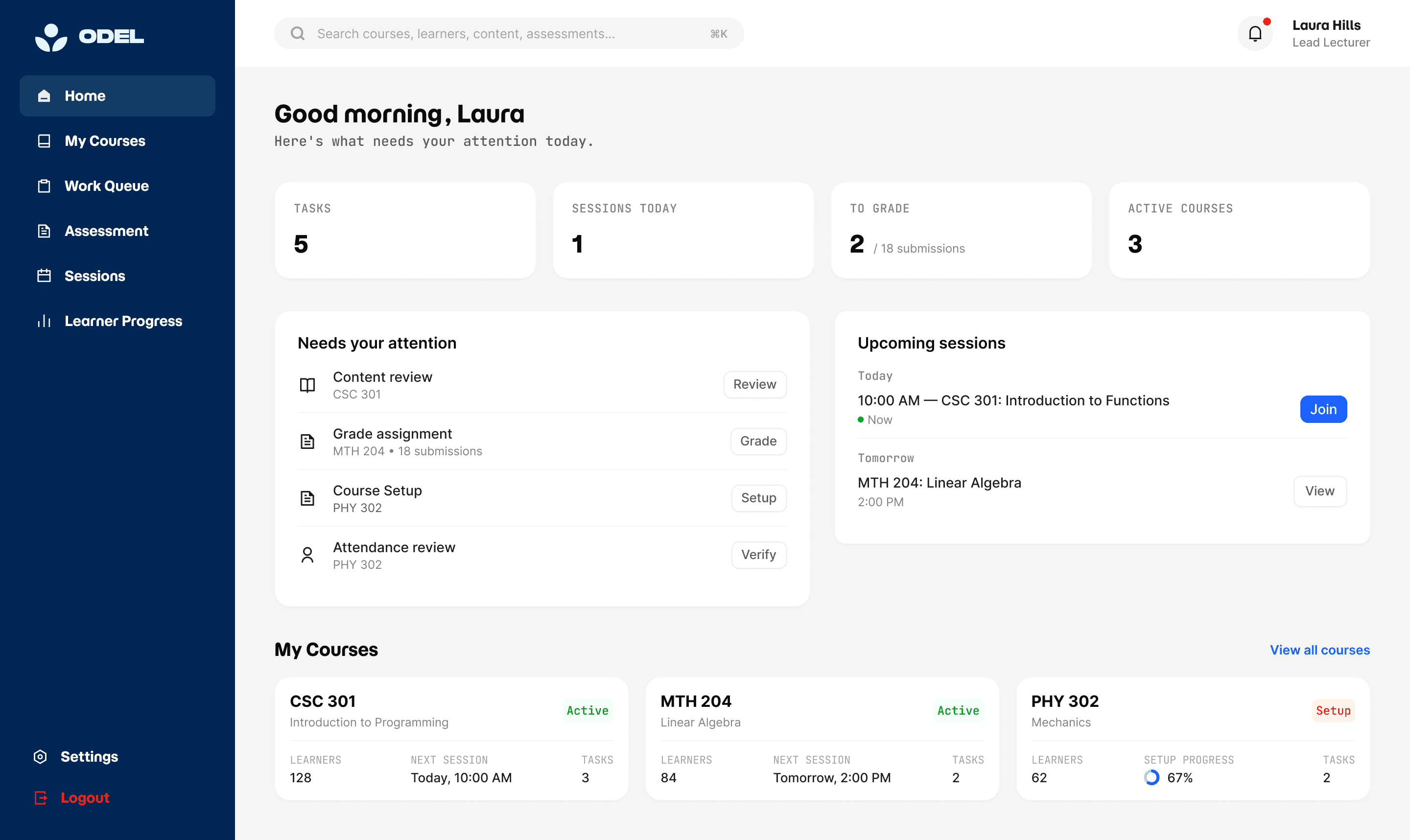 ODEL teaching dashboard showing tasks, upcoming sessions and courses