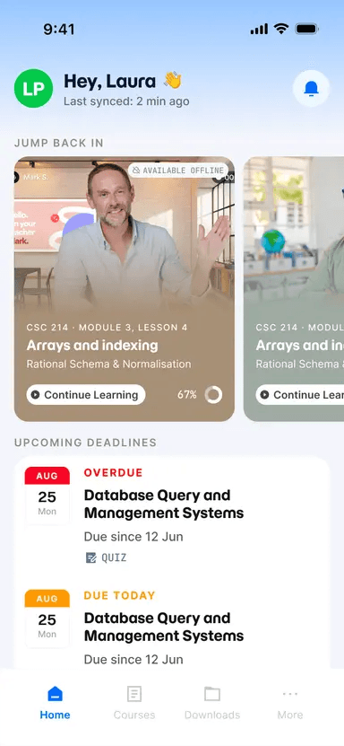 Student home screen in the ODEL mobile app